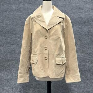 Terry Lewis Jacket Womens 2X Beige Leather Button Front Lined Pockets Classic